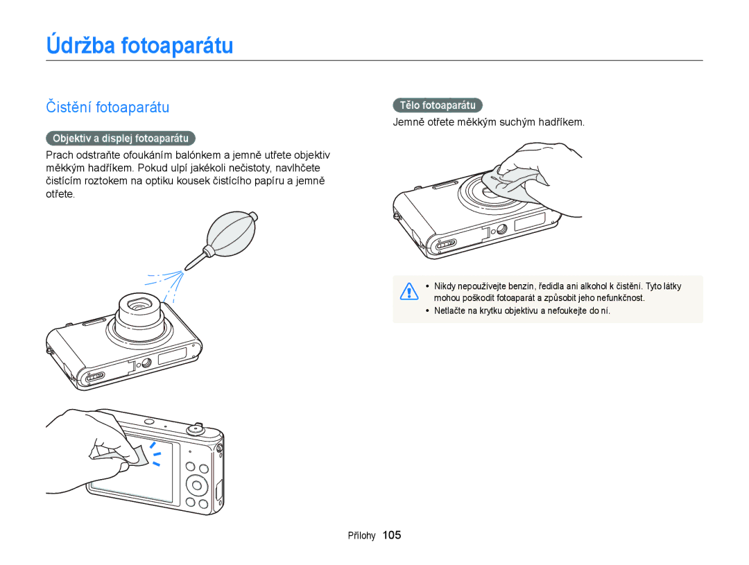 Samsung EC-ST77ZZBPSE3 manual Údržba fotoaparátu, Čistění fotoaparátu, Objektiv a displej fotoaparátu, Tělo fotoaparátu 