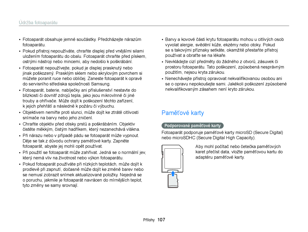 Samsung EC-ST77ZZFPRE3, EC-ST77ZZBPRE3, EC-ST77ZZBPWE3, EC-ST77ZZFPBE3 manual Paměťové karty, Podporované paměťové karty 