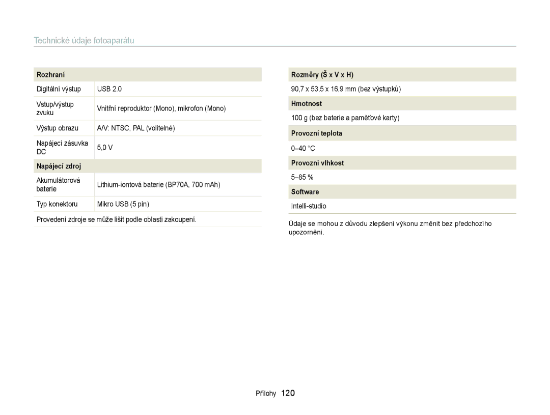 Samsung EC-ST77ZZBPWE3, EC-ST77ZZBPRE3, EC-ST77ZZFPBE3, EC-ST77ZZFPWE3, EC-ST77ZZBPLE3, EC-ST77ZZBPBE3 manual Rozměry Š x V x H 