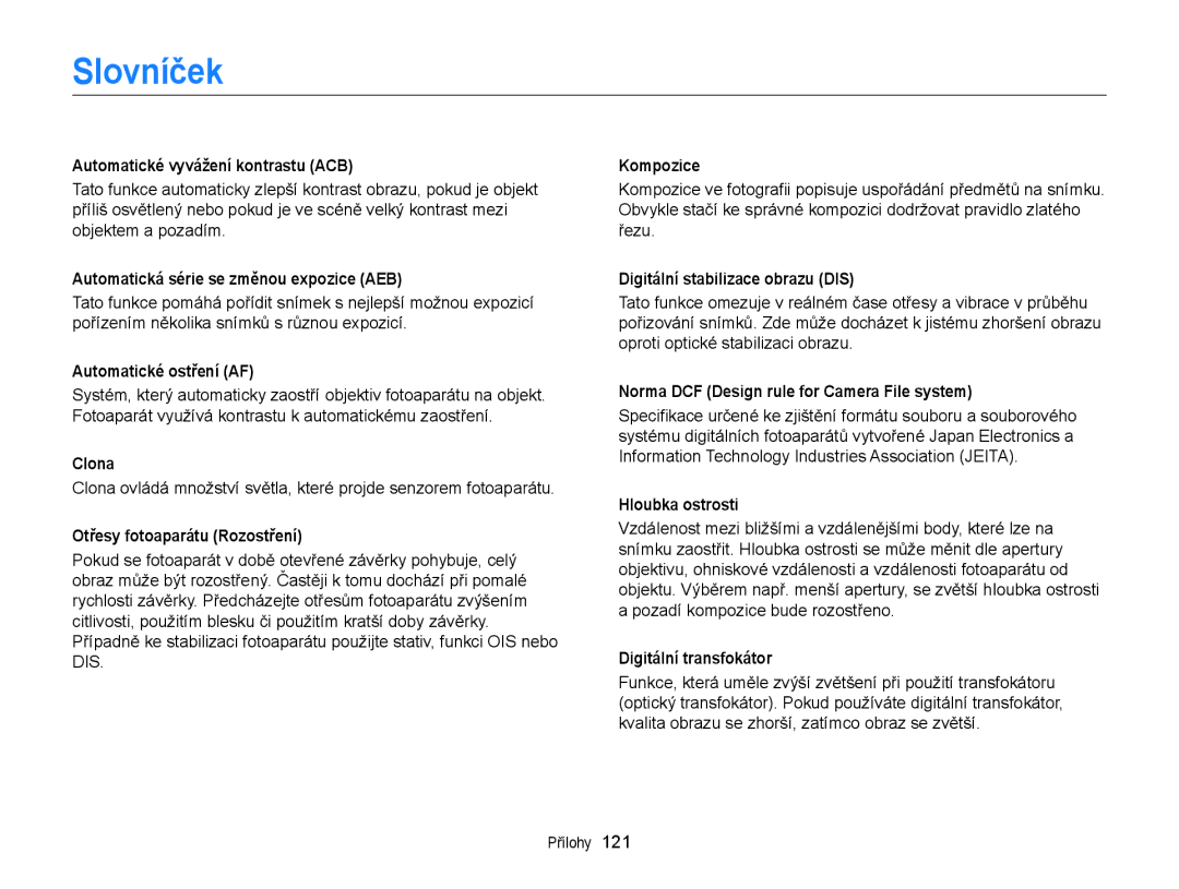 Samsung EC-ST77ZZFPBE3, EC-ST77ZZBPRE3, EC-ST77ZZBPWE3, EC-ST77ZZFPWE3, EC-ST77ZZBPLE3, EC-ST77ZZBPBE3 manual Slovníček 