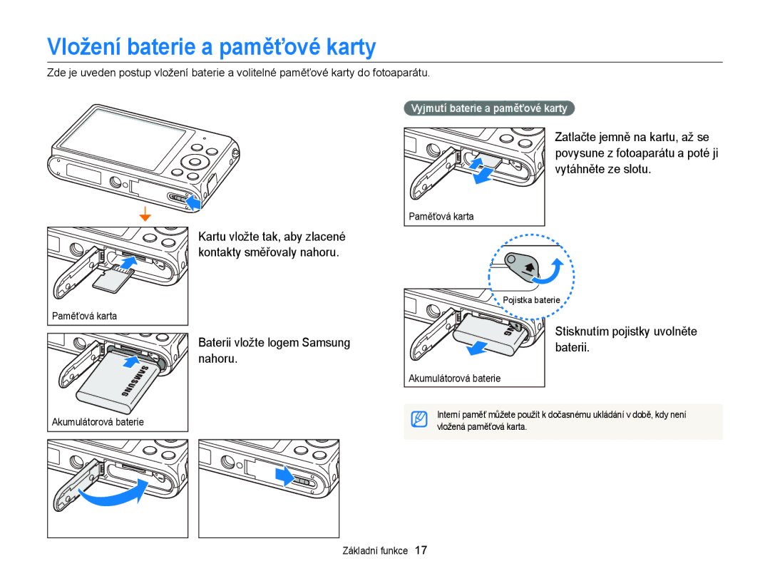 Samsung EC-ST77ZZFPRE3 Vložení baterie a paměťové karty, Baterii vložte logem Samsung nahoru, Kontakty směřovaly nahoru 