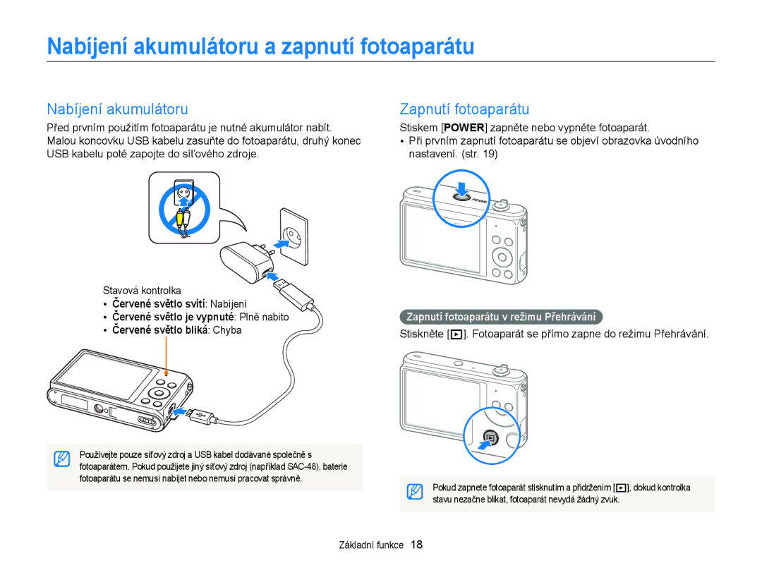 Samsung EC-ST77ZZFPLE3, EC-ST77ZZBPRE3, EC-ST77ZZBPWE3 manual Nabíjení akumulátoru a zapnutí fotoaparátu, Zapnutí fotoaparátu 