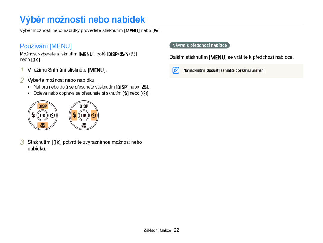 Samsung EC-ST77ZZFPWE3 Výběr možností nebo nabídek, Používání Menu, Dalším stisknutím m se vrátíte k předchozí nabídce 