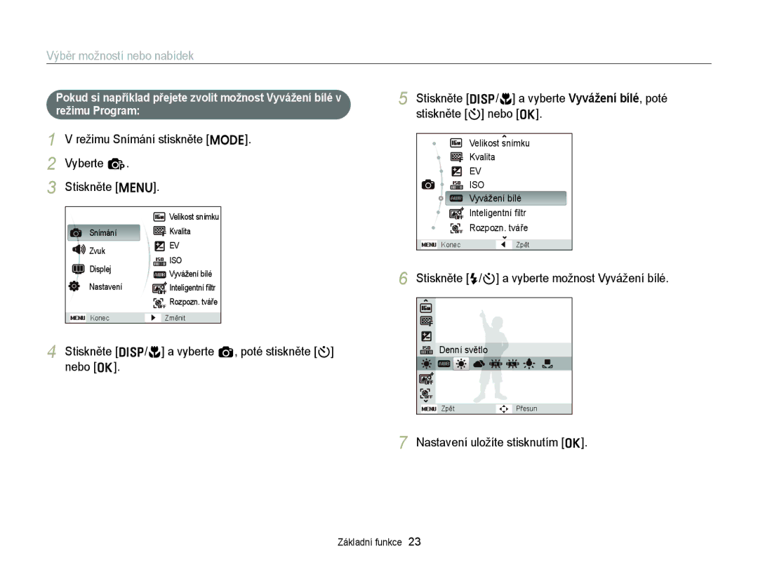 Samsung EC-ST77ZZBPLE3, EC-ST77ZZBPRE3 manual Výběr možností nebo nabídek, Režimu Snímání stiskněte M Vyberte p Stiskněte m 