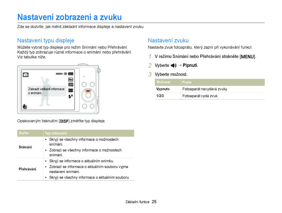 Samsung EC-ST77ZZBPSE3 Nastavení zobrazení a zvuku, Nastavení typu displeje, Nastavení zvuku, Fotoaparát nevydává zvuky 