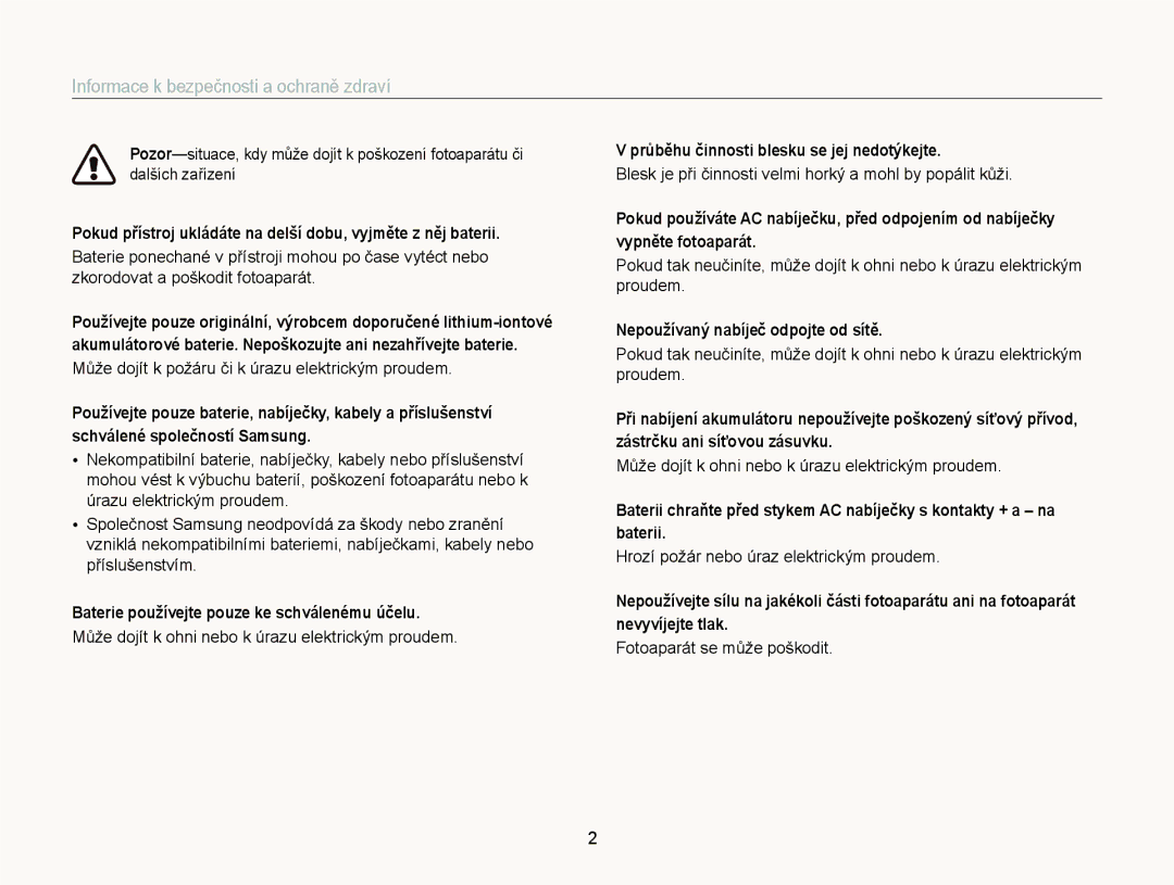 Samsung EC-ST77ZZFPWE3 manual Informace k bezpečnosti a ochraně zdraví, Baterie používejte pouze ke schválenému účelu 