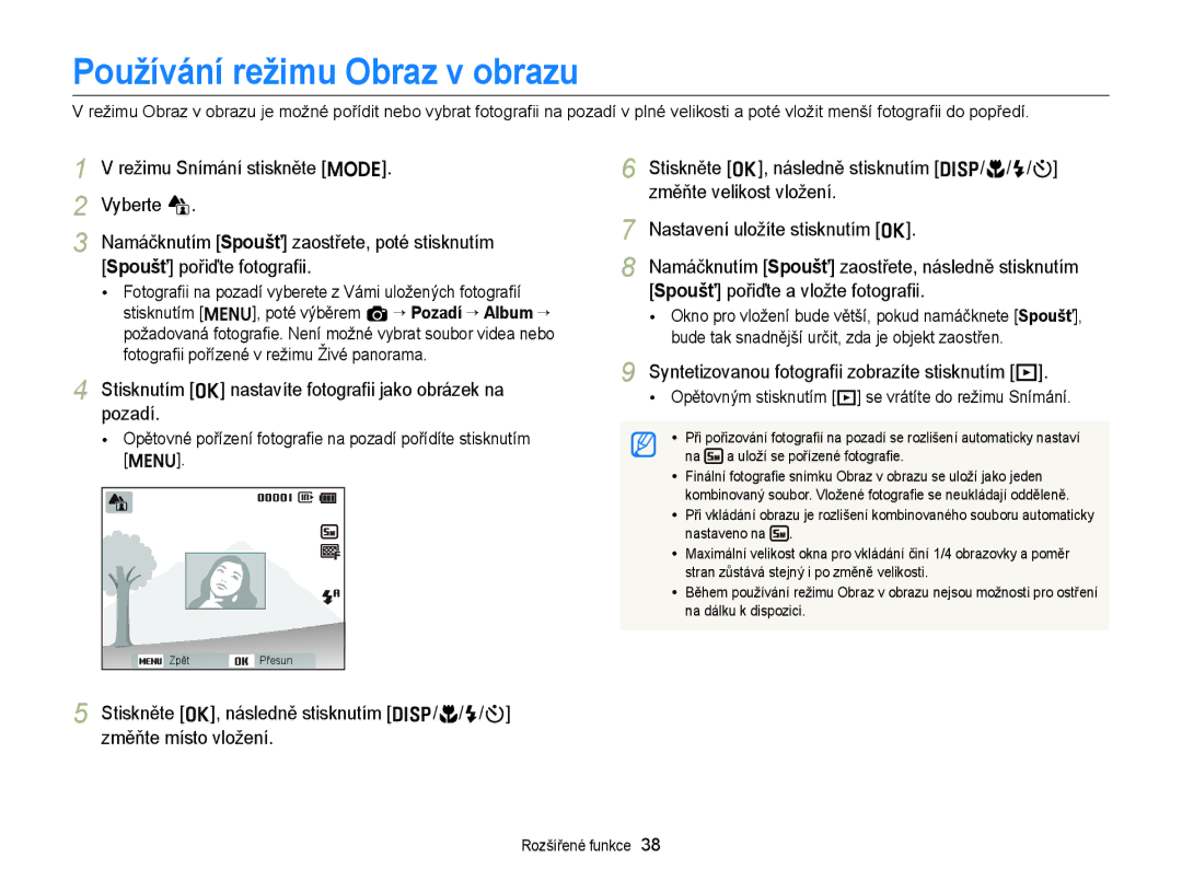 Samsung EC-ST77ZZFPLE3, EC-ST77ZZBPRE3, EC-ST77ZZBPWE3, EC-ST77ZZFPBE3, EC-ST77ZZFPWE3 manual Používání režimu Obraz v obrazu 