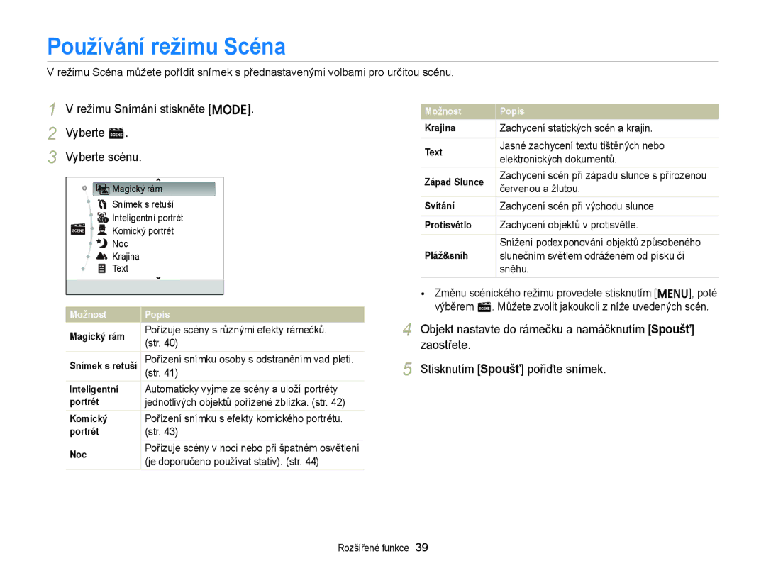 Samsung EC-ST77ZZBPRE3, EC-ST77ZZBPWE3 manual Používání režimu Scéna, Režimu Snímání stiskněte M Vyberte s Vyberte scénu 