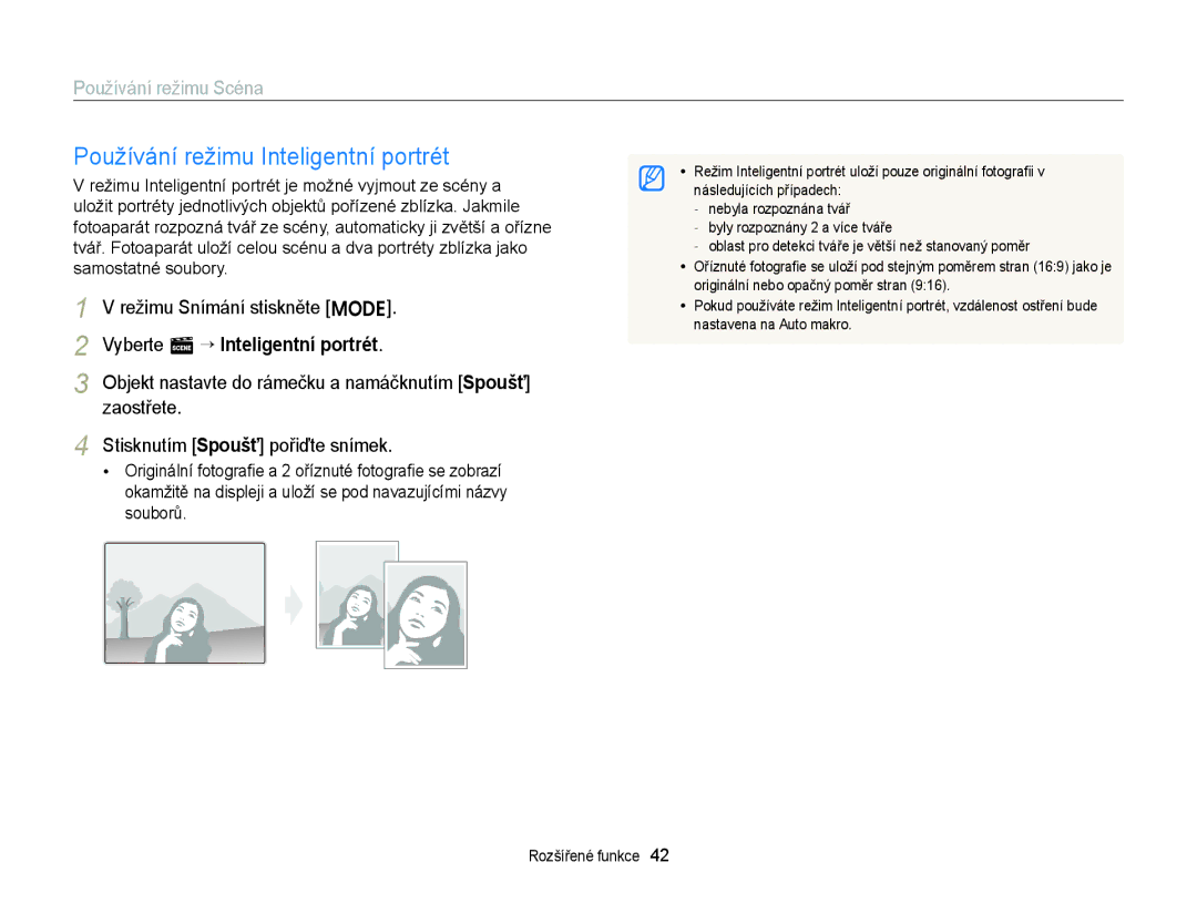 Samsung EC-ST77ZZFPWE3 Používání režimu Inteligentní portrét, Režimu Snímání stiskněte M, Vyberte s “ Inteligentní portrét 