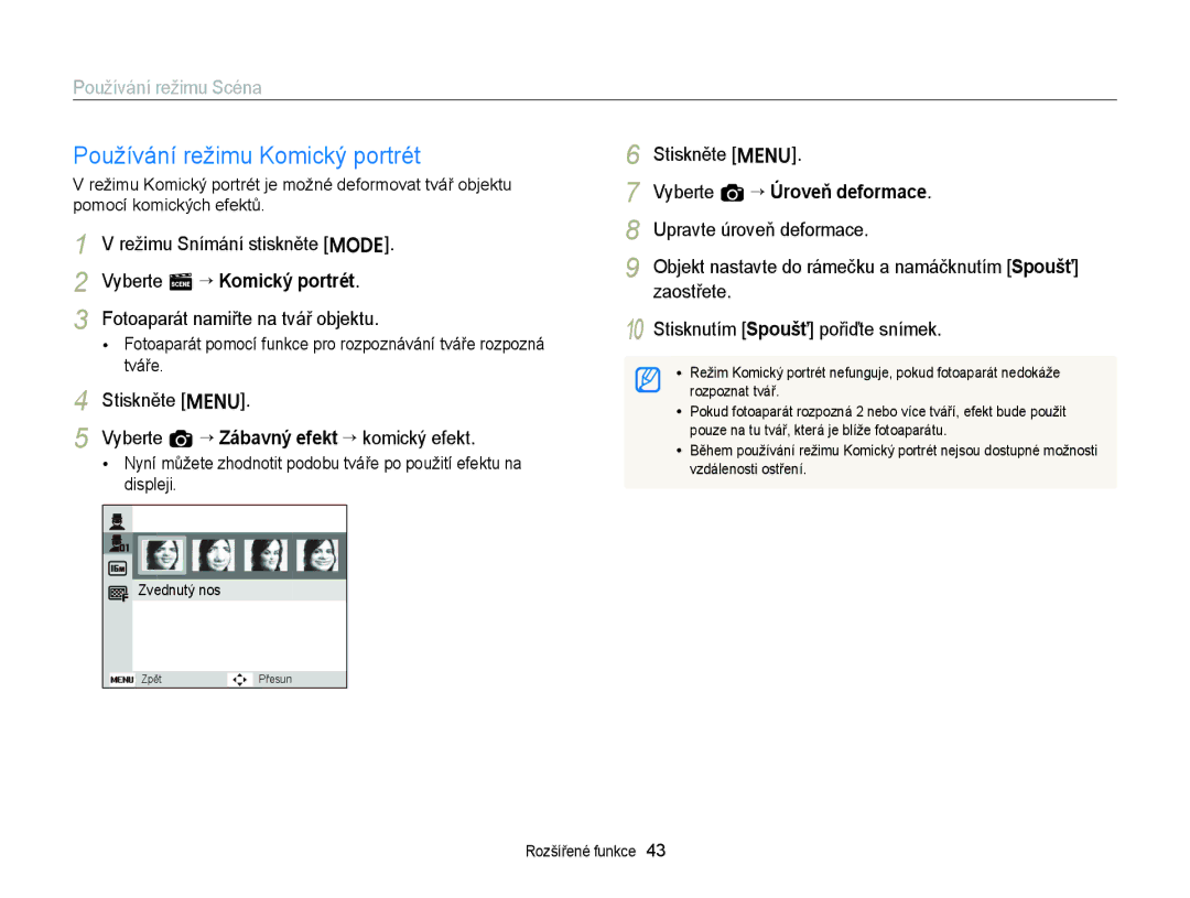 Samsung EC-ST77ZZBPLE3 manual Používání režimu Komický portrét, Stiskněte m Vyberte a “ Zábavný efekt “ komický efekt 