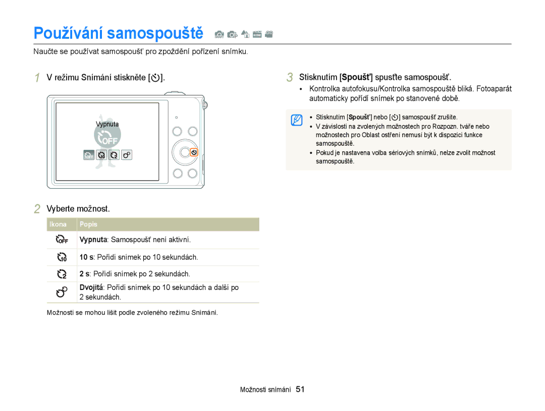 Samsung EC-ST77ZZFPBE3 Používání samospouště S p d s, Režimu Snímání stiskněte t, Stisknutím Spoušť spusťte samospoušť 