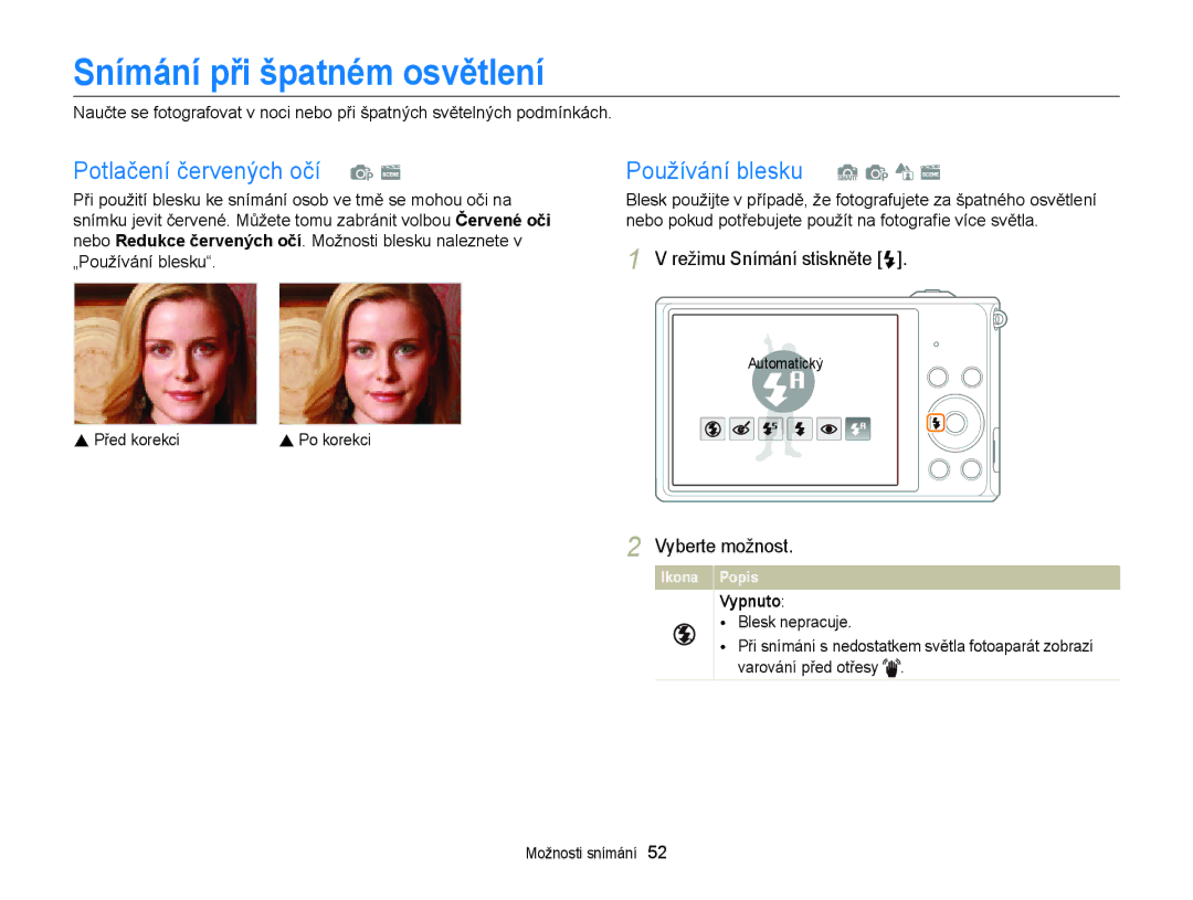 Samsung EC-ST77ZZFPWE3 manual Snímání při špatném osvětlení, Potlačení červených očí p s, Používání blesku S p d s, Vypnuto 