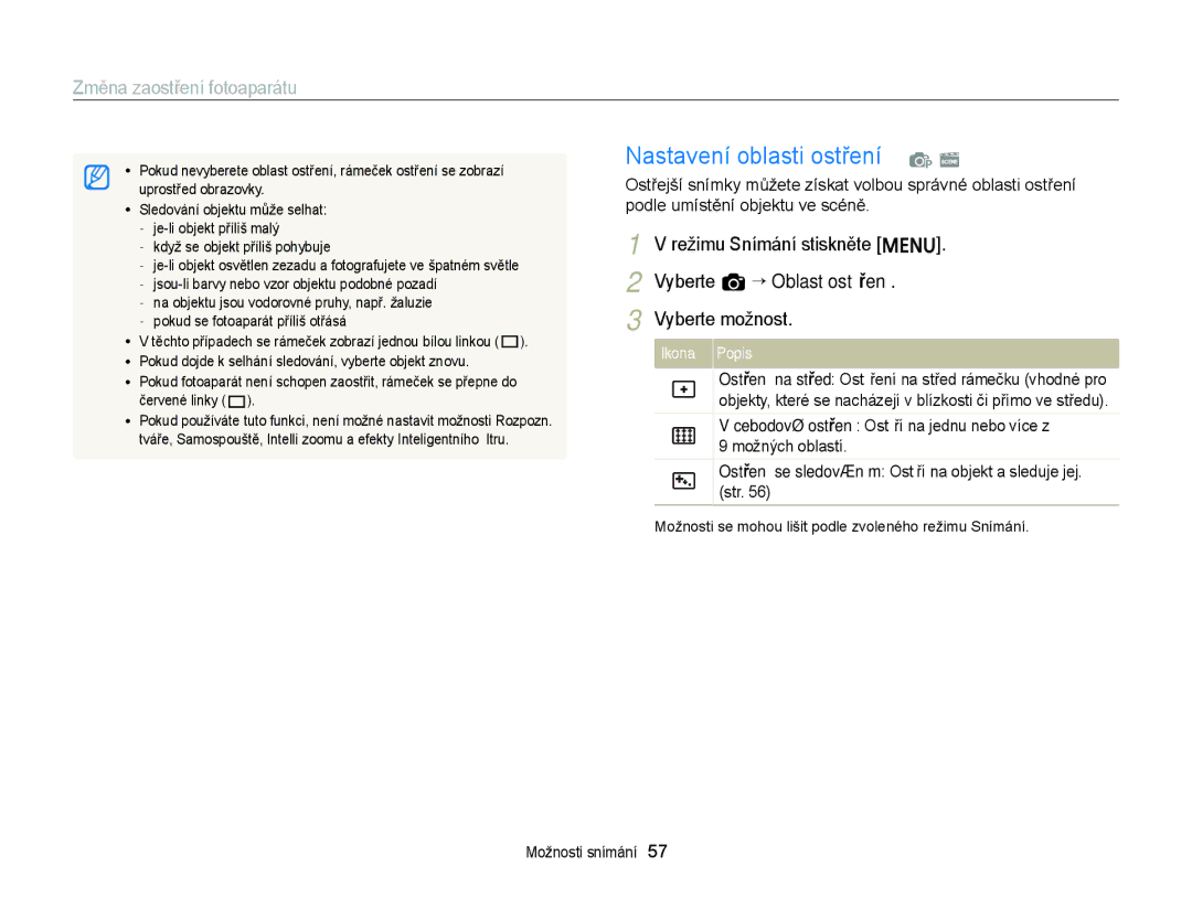 Samsung EC-ST77ZZFPRE3 manual Nastavení oblasti ostření p s, Ostření se sledováním Ostří na objekt a sleduje jej. str 