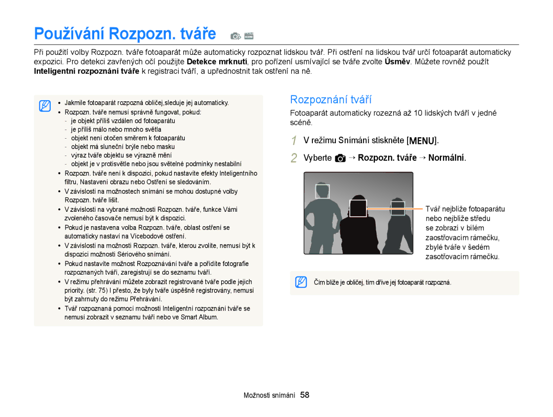 Samsung EC-ST77ZZFPLE3 manual Používání Rozpozn. tváře p s, Rozpoznání tváří, Vyberte a “ Rozpozn. tváře “ Normální 