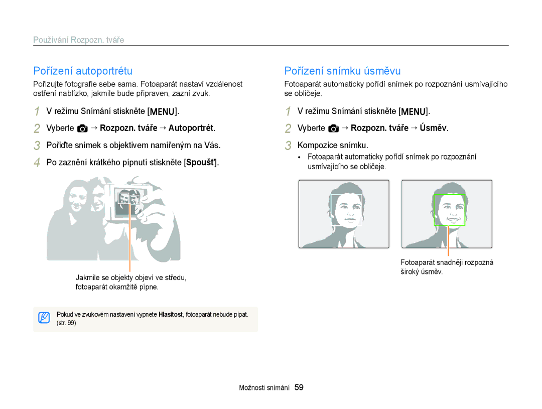 Samsung EC-ST77ZZBPRE3, EC-ST77ZZBPWE3 manual Pořízení autoportrétu, Pořízení snímku úsměvu, Používání Rozpozn. tváře 