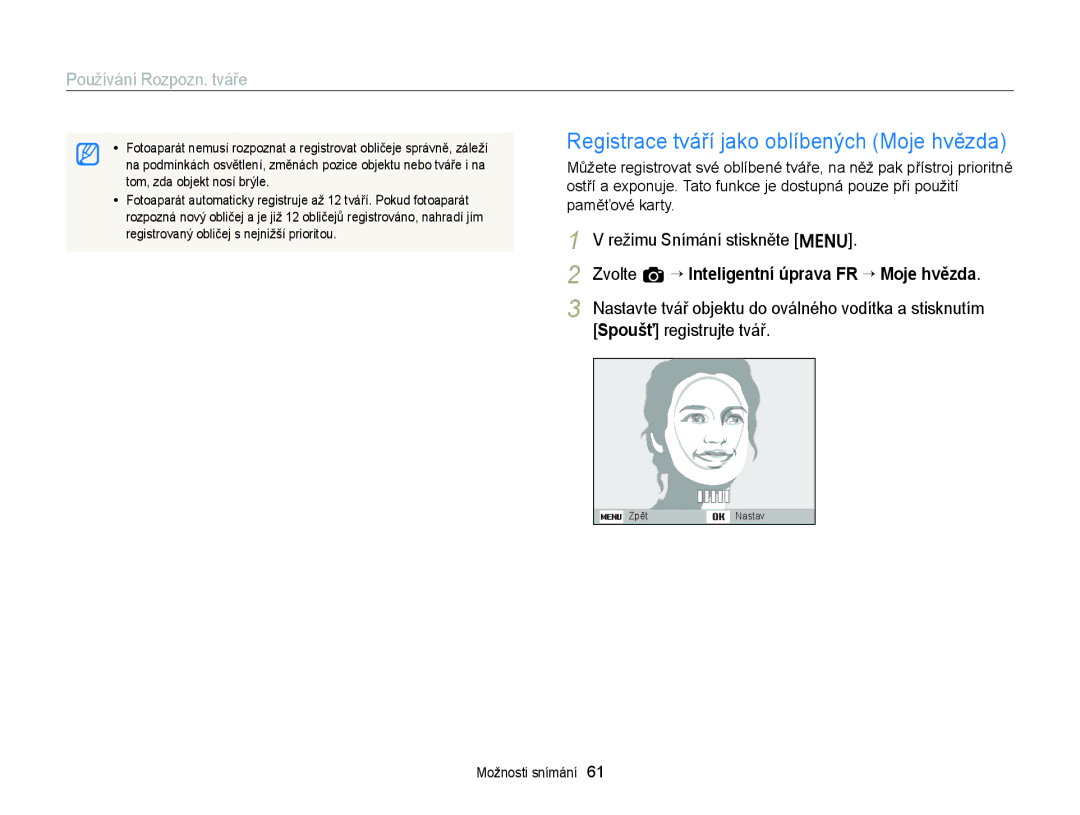 Samsung EC-ST77ZZFPBE3, EC-ST77ZZBPRE3 manual Registrace tváří jako oblíbených Moje hvězda, Spoušť registrujte tvář 