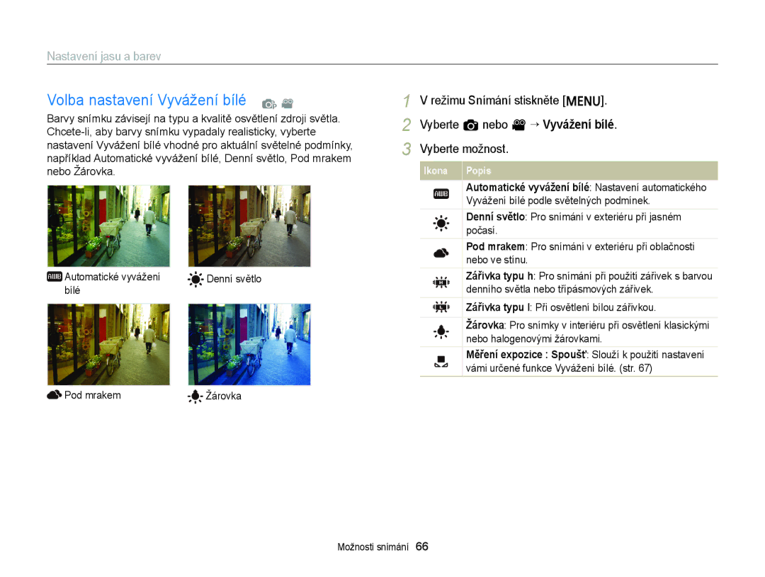 Samsung EC-ST77ZZFPSE3, EC-ST77ZZBPRE3, EC-ST77ZZBPWE3 manual Volba nastavení Vyvážení bílé p, Denní světlo, Bílé, Pod mrakem 