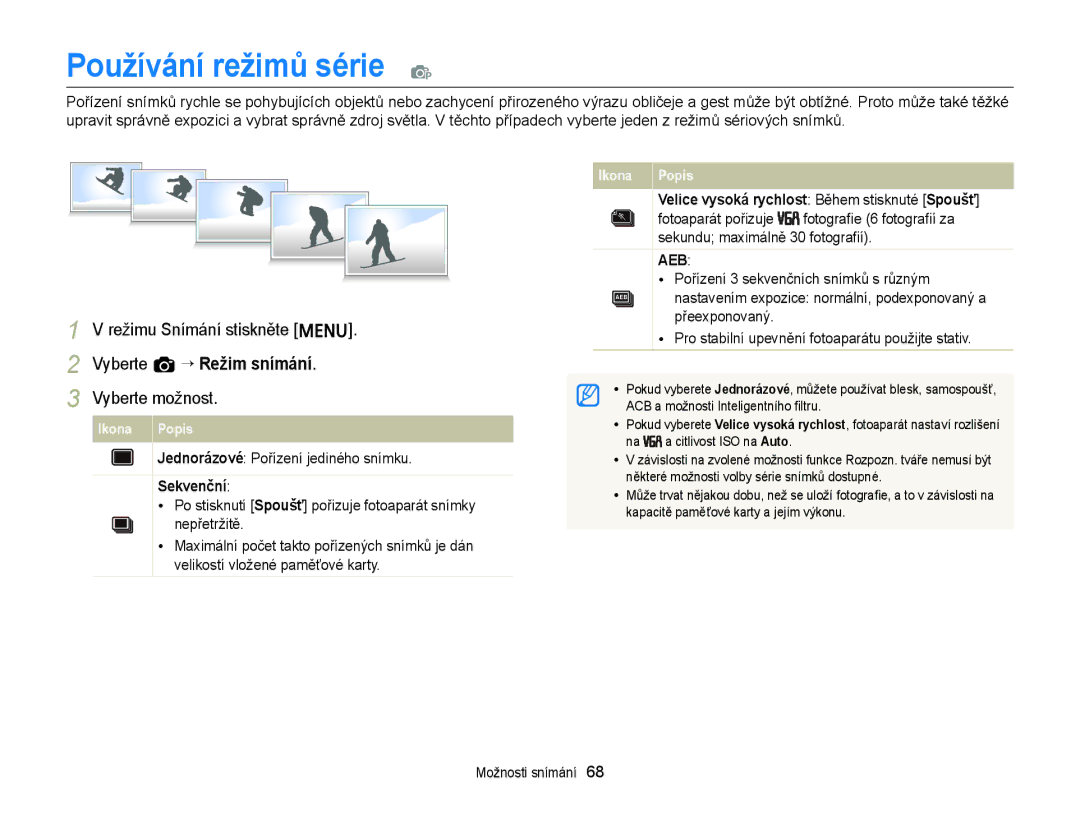 Samsung EC-ST77ZZFPLE3 manual Používání režimů série p, Jednorázové Pořízení jediného snímku, Sekvenční, Nepřetržitě 