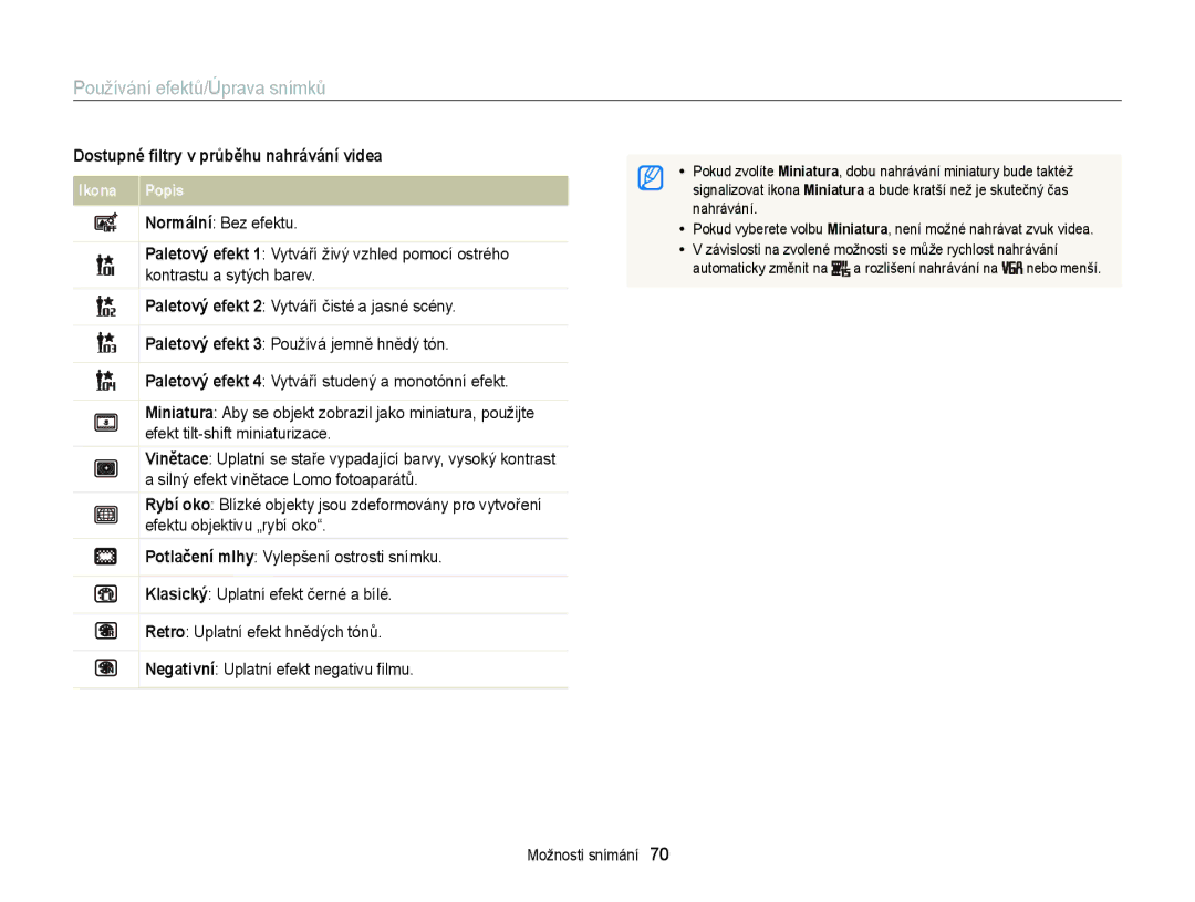 Samsung EC-ST77ZZBPWE3, EC-ST77ZZBPRE3 manual Používání efektů/Úprava snímků, Dostupné ﬁltry v průběhu nahrávání videa 