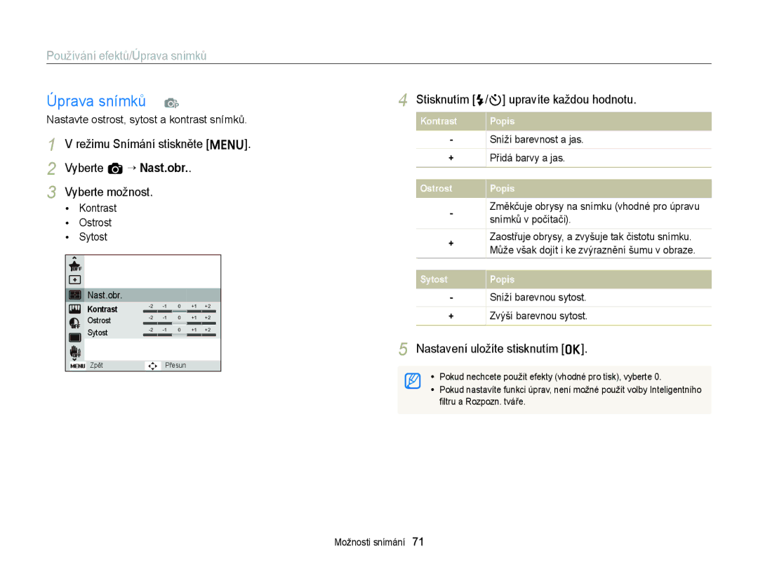 Samsung EC-ST77ZZFPBE3, EC-ST77ZZBPRE3 manual Úprava snímků p, Stisknutím F/t upravíte každou hodnotu, Snímků v počítači 