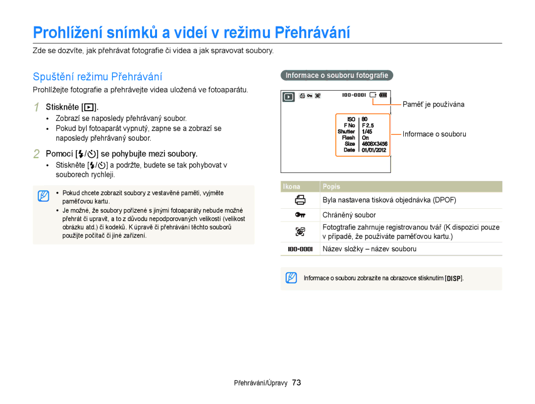 Samsung EC-ST77ZZBPLE3 manual Prohlížení snímků a videí v režimu Přehrávání, Spuštění režimu Přehrávání, Stiskněte P 