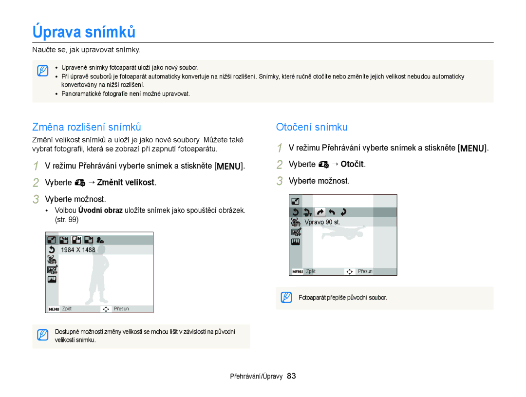 Samsung EC-ST77ZZBPLE3 manual Úprava snímků, Změna rozlišení snímků, Otočení snímku, Naučte se, jak upravovat snímky 