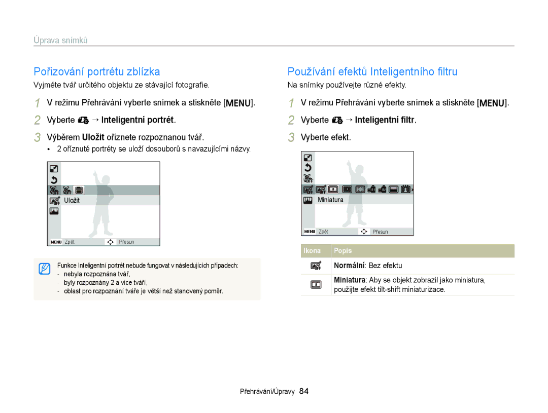 Samsung EC-ST77ZZBPBE3, EC-ST77ZZBPRE3, EC-ST77ZZBPWE3, EC-ST77ZZFPBE3 manual Pořizování portrétu zblízka, Úprava snímků 