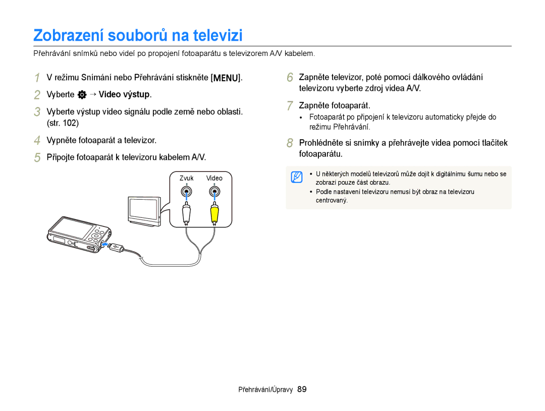 Samsung EC-ST77ZZBPRE3 manual Zobrazení souborů na televizi, Vyberte n “ Video výstup, Str, Vypněte fotoaparát a televizor 