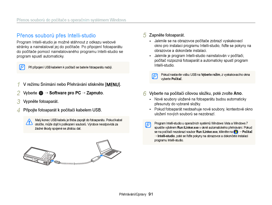 Samsung EC-ST77ZZFPBE3 manual Přenos souborů přes Intelli-studio, Přenos souborů do počítače s operačním systémem Windows 