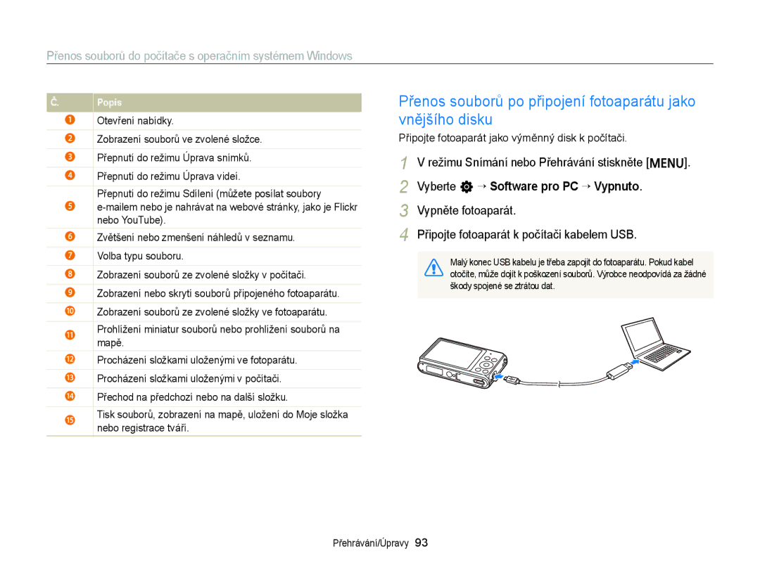 Samsung EC-ST77ZZBPLE3, EC-ST77ZZBPRE3, EC-ST77ZZBPWE3 manual Přenos souborů po připojení fotoaparátu jako vnějšího disku 