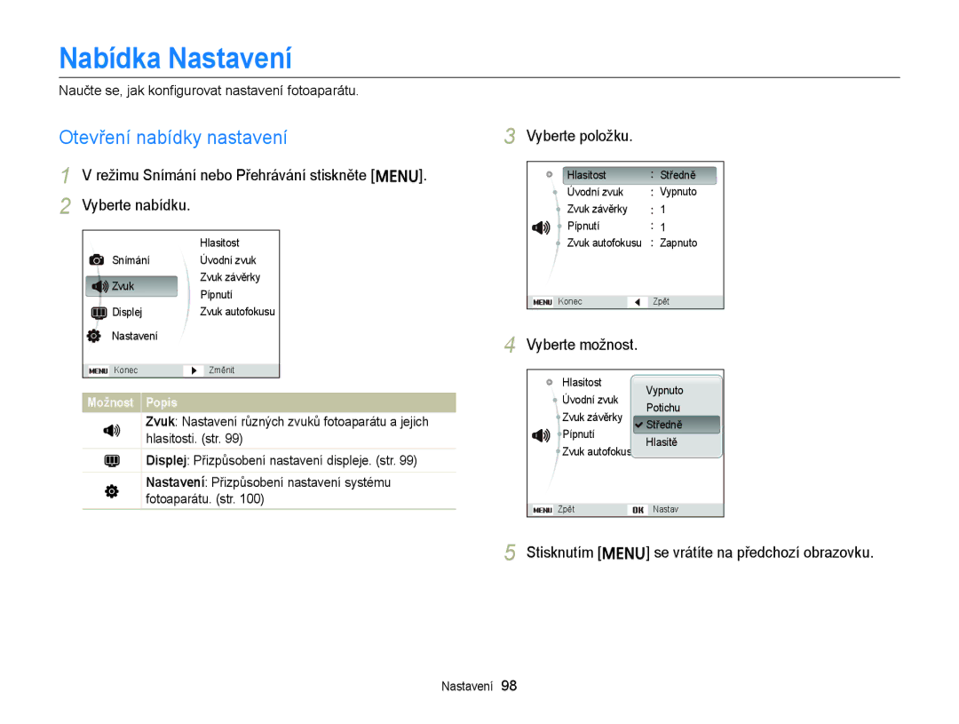 Samsung EC-ST77ZZFPLE3, EC-ST77ZZBPRE3, EC-ST77ZZBPWE3 manual Nabídka Nastavení, Otevření nabídky nastavení, Vyberte položku 