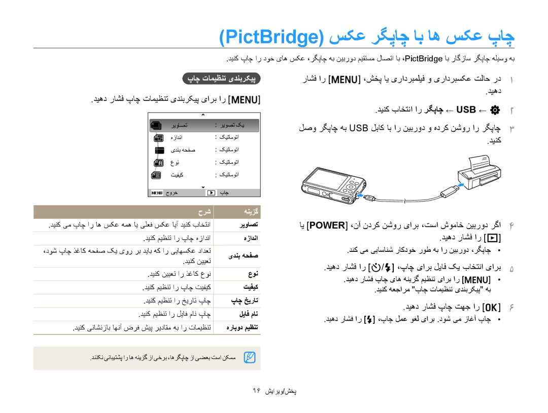 Samsung EC-ST77ZZDPRME, EC-ST77ZZBPSE1 manual PictBridge ﺲﮑﻋ ﺮﮕﭘﺎﭼ ﺎﺑ ﺎﻫ ﺲﮑﻋ پﺎﭼ, ﺪﻴﻫﺩ ﺭﺎﺸﻓ پﺎﭼ ﺕﺎﻤﻴﻈﻨﺗ یﺪﻨﺑﺮﮑﻴﭘ یﺍﺮﺑ ﺍﺭ m 