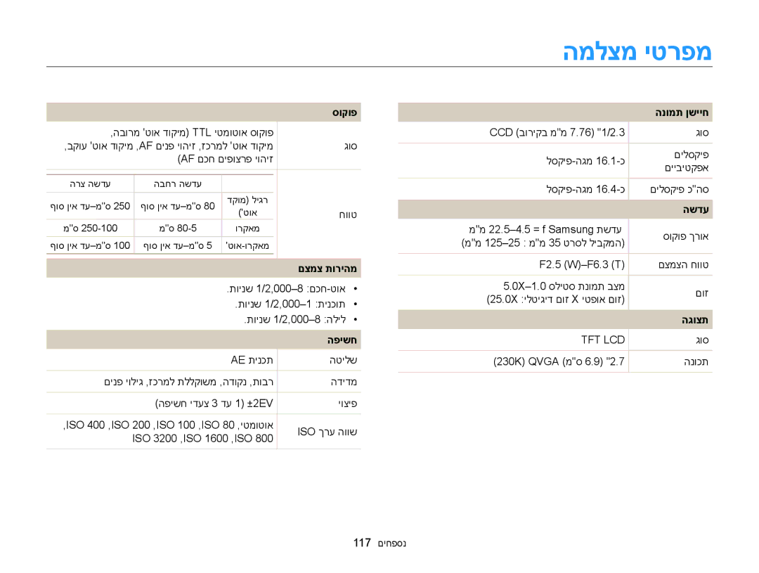 Samsung EC-ST76ZZBPSIL, EC-ST77ZZBPSIL, EC-ST77ZZBPRIL, EC-ST77ZZBPWIL המלצמ יטרפמ, סוקופ, םצמצ תוריהמ, הפישח, הנומת ןשייח 