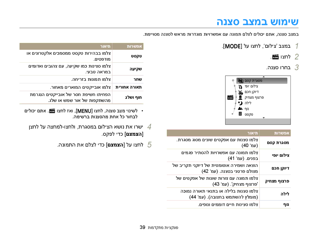 Samsung EC-ST76ZZBDSAE, EC-ST77ZZBPSIL manual הנצס בצמב שומיש, הנצס ורחב, םילוכי םתא .s וצחל זאו ,m וצחל ,הנצס בצמ יונישל 