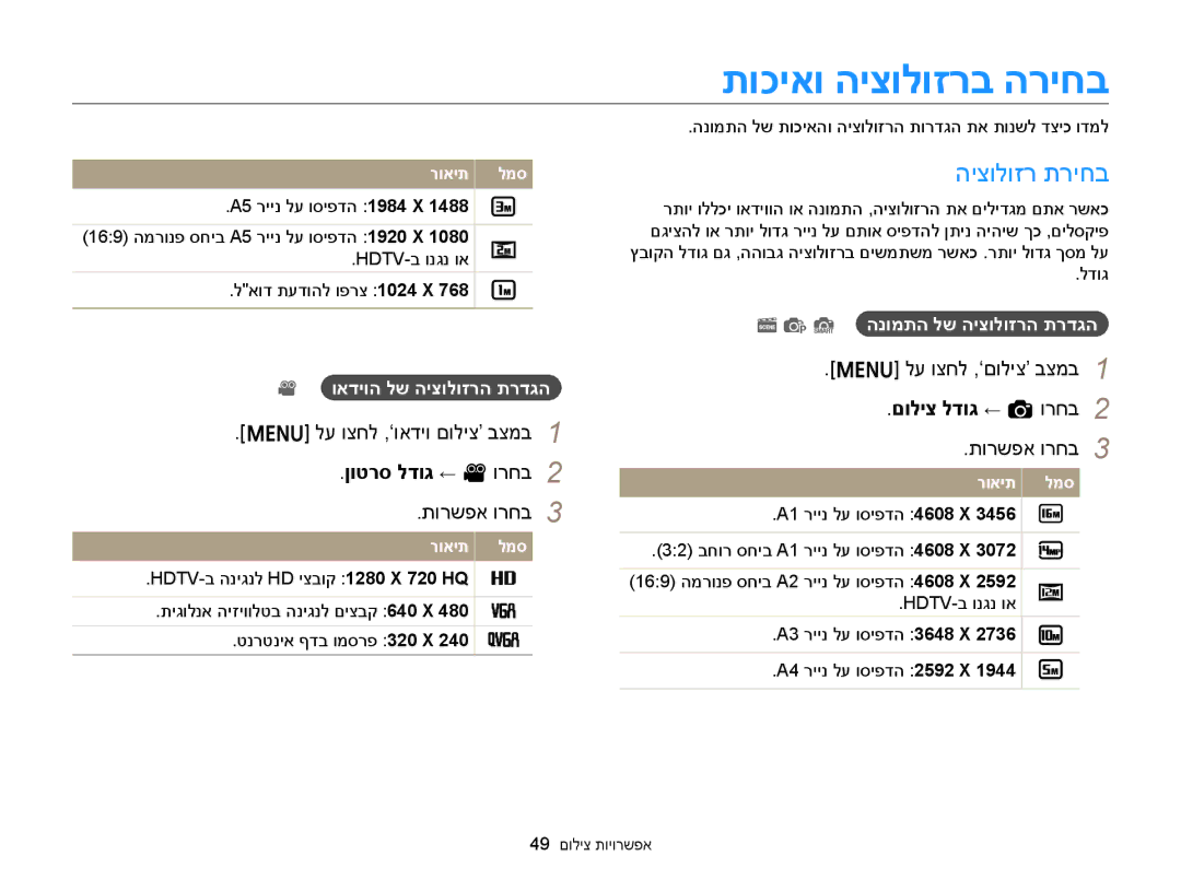 Samsung EC-ST76ZZBPBIL לע וצחל ,‘ואדיו םוליצ’ בצמב, ןוטרס לדוג ← v ורחב, םוליצ לדוג ← a ורחב, ואדיוה לש היצולוזרה תרדגה 