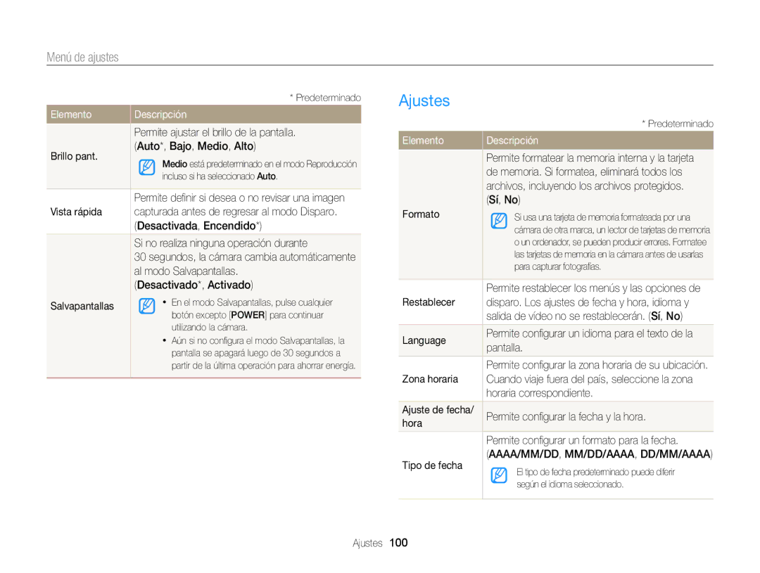 Samsung EC-ST76ZZFPLE1, EC-ST77ZZBPWE1, EC-ST77ZZBPRE1, EC-ST76ZZBPBE1, EC-ST77ZZBPSE1, EC-ST77ZZBPLE1 manual Ajustes, Elemento 