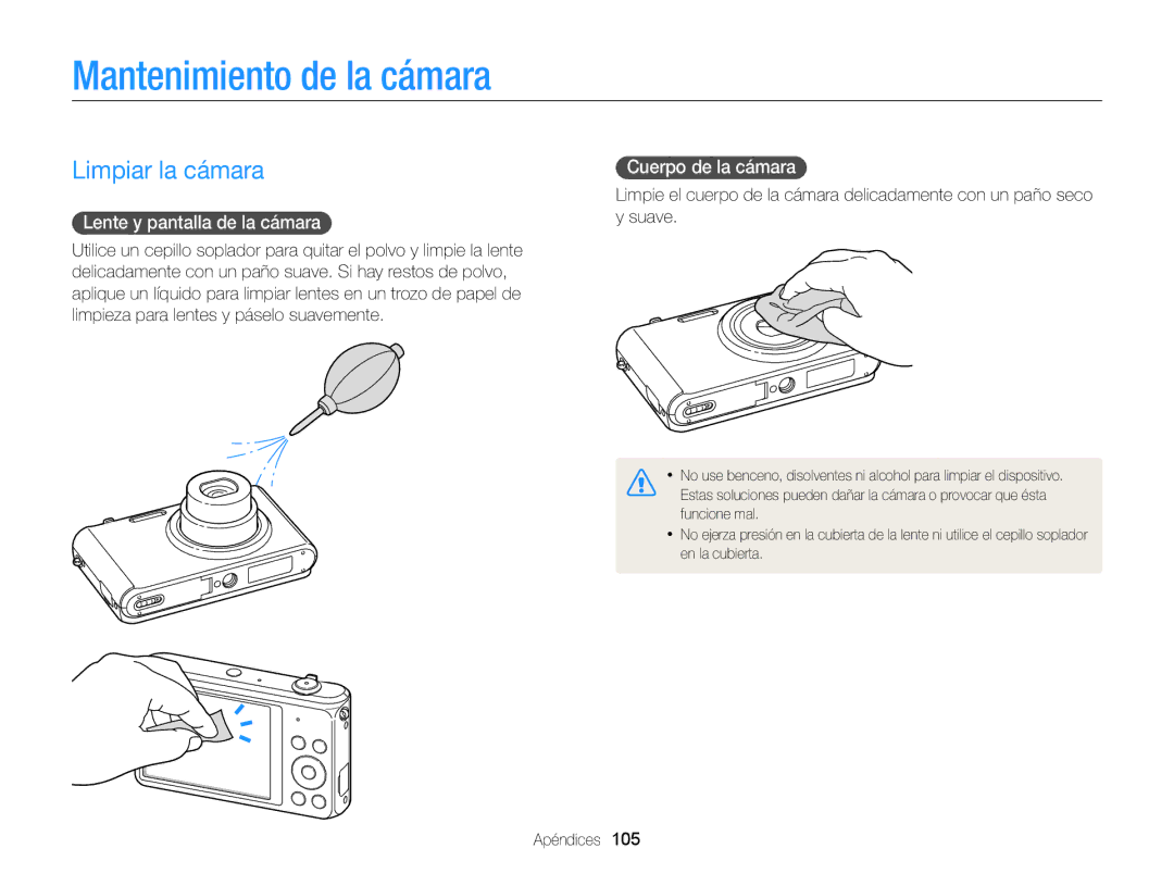 Samsung EC-ST76ZZBPSE1 Mantenimiento de la cámara, Limpiar la cámara, Lente y pantalla de la cámara, Cuerpo de la cámara 