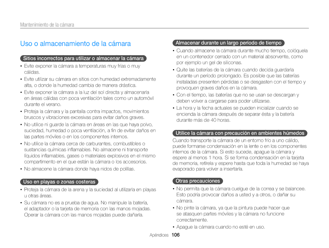 Samsung EC-ST77ZZBPBIL, EC-ST77ZZBPWE1, EC-ST77ZZBPRE1 manual Uso o almacenamiento de la cámara, Mantenimiento de la cámara 