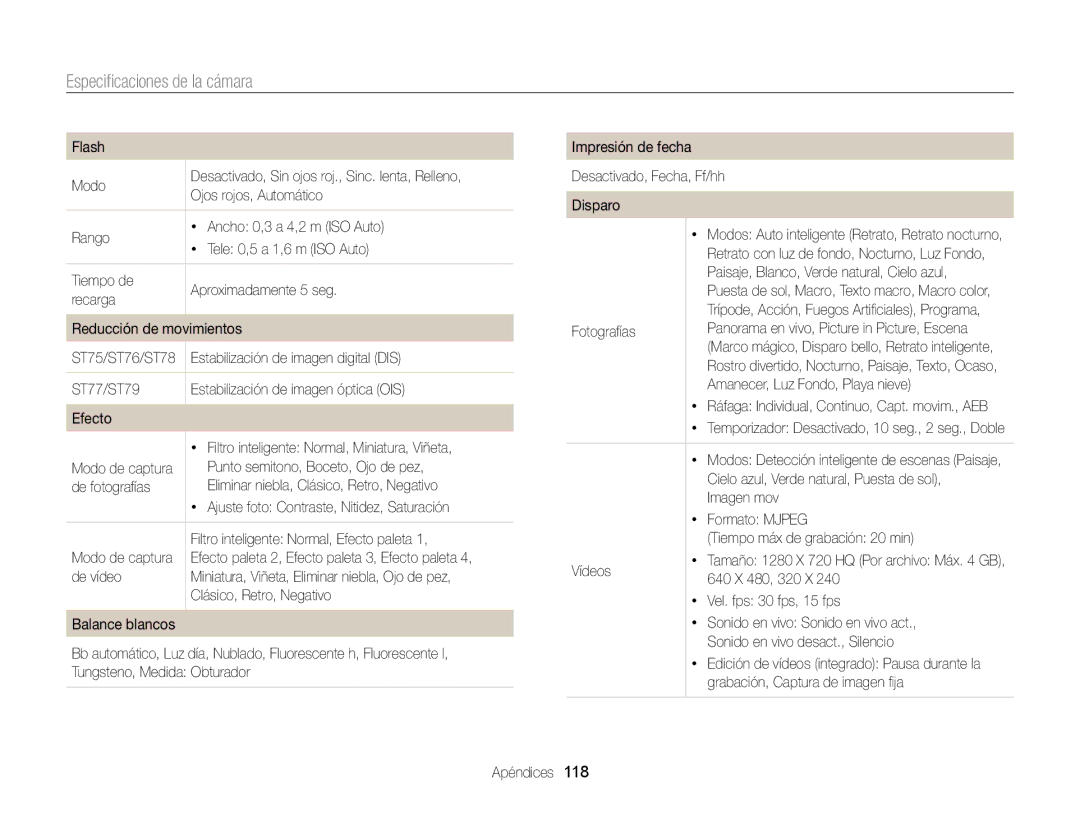 Samsung EC-ST77ZZFPSE1, EC-ST77ZZBPWE1, EC-ST77ZZBPRE1, EC-ST76ZZBPBE1, EC-ST77ZZBPSE1 manual Especiﬁcaciones de la cámara 