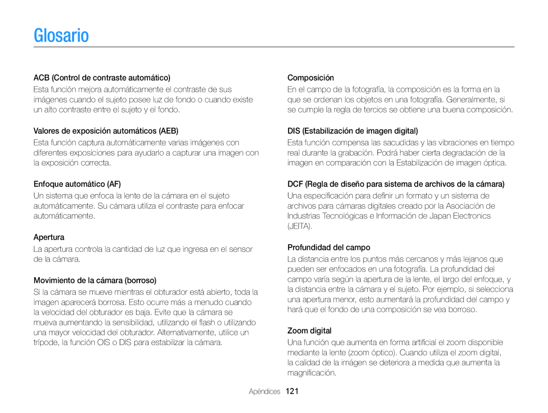 Samsung EC-ST79ZZBPRE1, EC-ST77ZZBPWE1, EC-ST77ZZBPRE1 manual Glosario, Composición, DIS Estabilización de imagen digital 