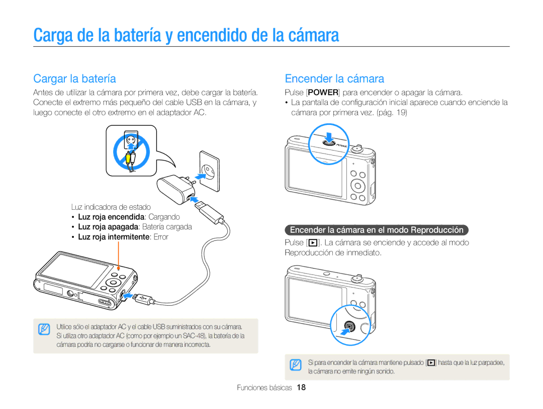 Samsung EC-ST77ZZBPWIL, EC-ST77ZZBPWE1 Carga de la batería y encendido de la cámara, Cargar la batería, Encender la cámara 