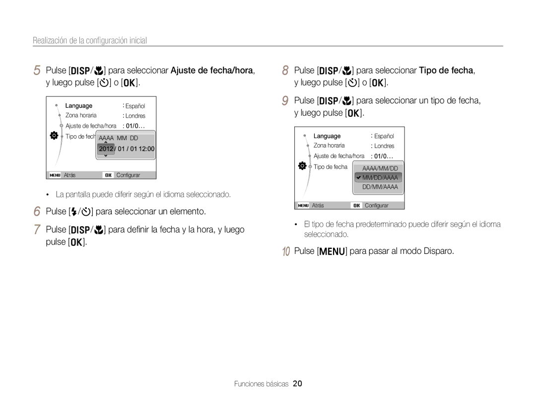 Samsung EC-ST76ZZBPRE1, EC-ST77ZZBPWE1 manual Realización de la conﬁguración inicial, Pulse m para pasar al modo Disparo 