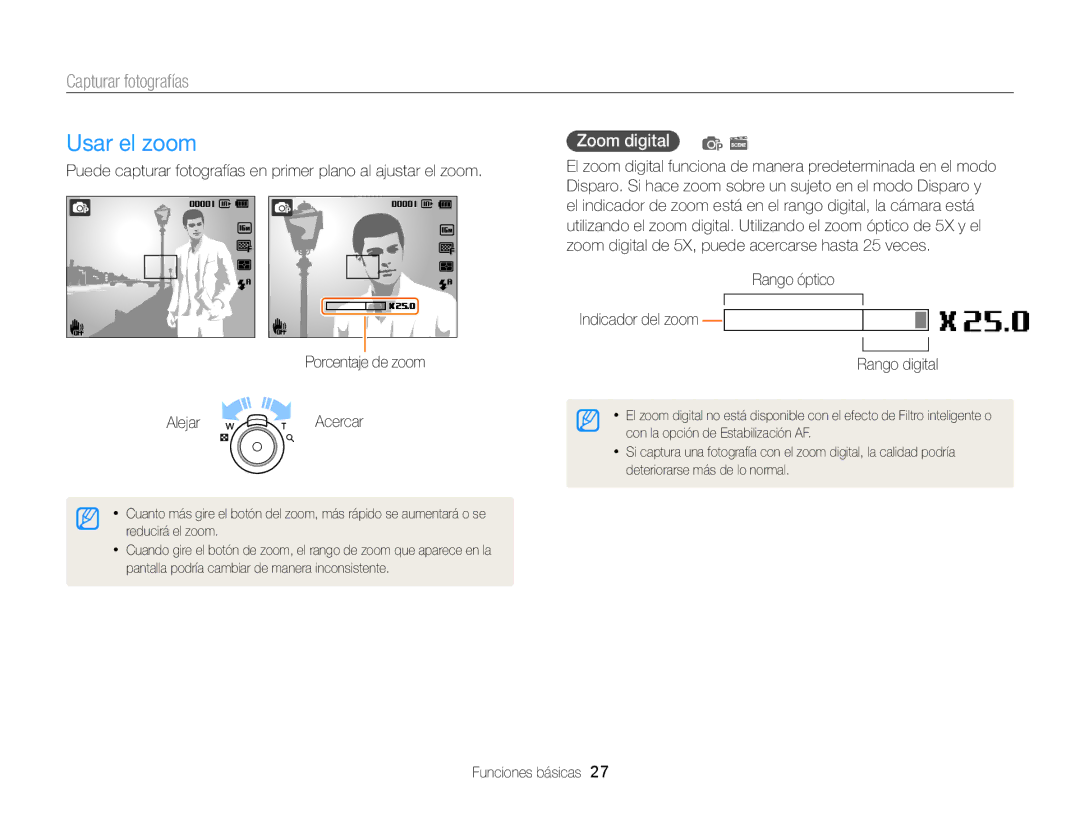 Samsung EC-ST77ZZBPWE1 Usar el zoom, Capturar fotografías, Zoom digital p s, Rango óptico Indicador del zoom Rango digital 