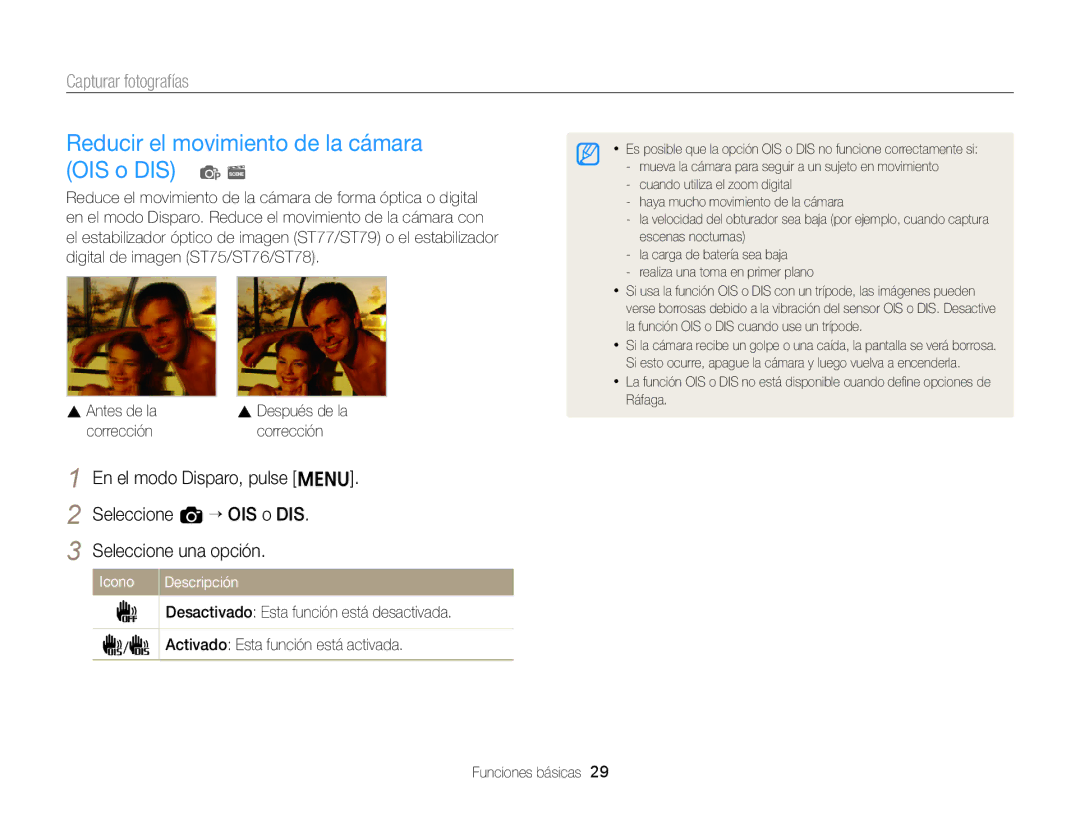 Samsung EC-ST76ZZBPBE1 Reducir el movimiento de la cámara OIS o DIS p s, Corrección, Activado Esta función está activada 