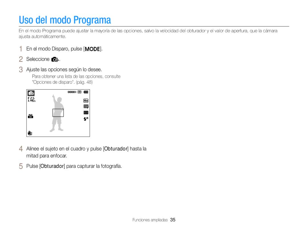 Samsung EC-ST77ZZFPBE1, EC-ST77ZZBPWE1, EC-ST77ZZBPRE1, EC-ST76ZZBPBE1, EC-ST77ZZBPSE1, EC-ST77ZZBPLE1 Uso del modo Programa 