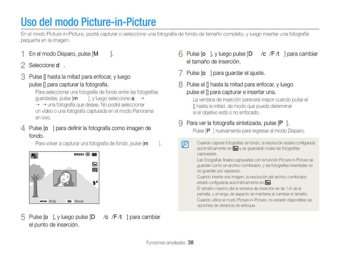 Samsung EC-ST77ZZFPRE1, EC-ST77ZZBPWE1 manual Uso del modo Picture-in-Picture, En el modo Disparo, pulse M Seleccione d 