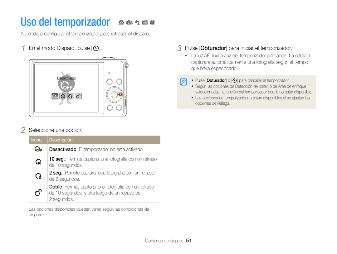 Samsung EC-ST79ZZFPLE1, EC-ST77ZZBPWE1, EC-ST77ZZBPRE1 Uso del temporizador S p d s, En el modo Disparo, pulse t, Segundos 