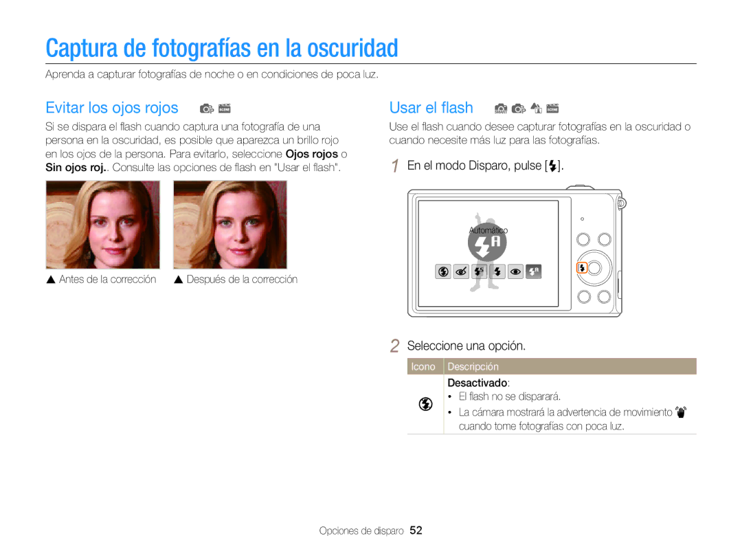 Samsung EC-ST77ZZFPWE1 manual Captura de fotografías en la oscuridad, Evitar los ojos rojos p s, Usar el ﬂash S p d s 