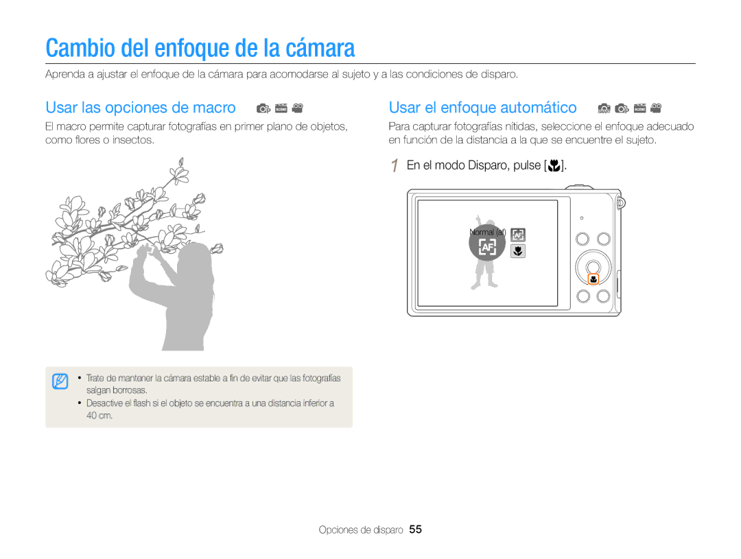 Samsung EC-ST77ZZBPWE1, EC-ST77ZZBPRE1, EC-ST76ZZBPBE1 manual Cambio del enfoque de la cámara, En el modo Disparo, pulse c 