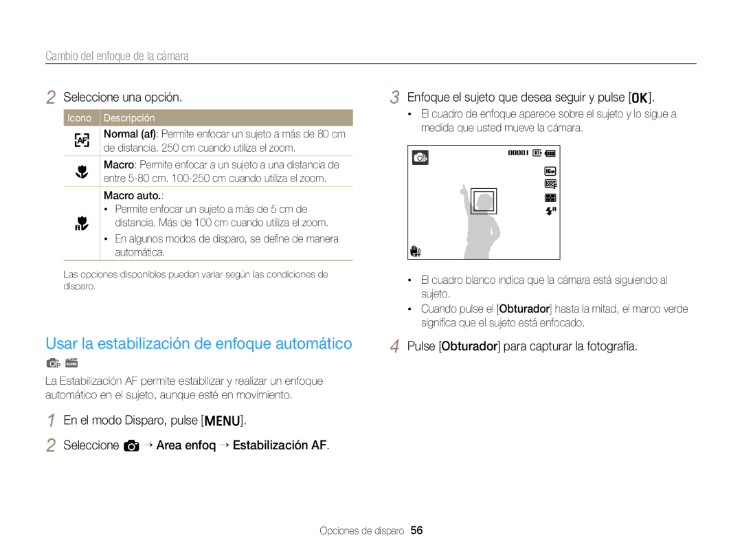 Samsung EC-ST77ZZBPRE1, EC-ST77ZZBPWE1 manual Usar la estabilización de enfoque automático, Cambio del enfoque de la cámara 